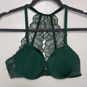 ADORE ME Emerald Green Teal Lace Racerback Front Clasp Bralette Sz 36B Coquette